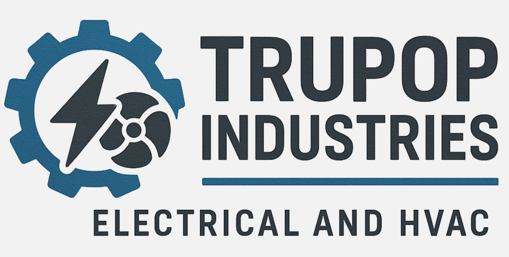 Trupop Industries logo with gear, lightning bolt, and electrical HVAC text