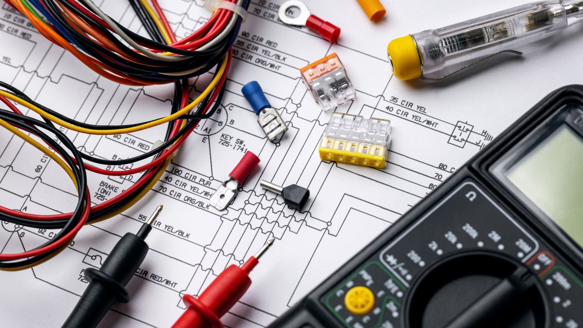 Electrical tools and wiring diagram with multimeter and colorful cables