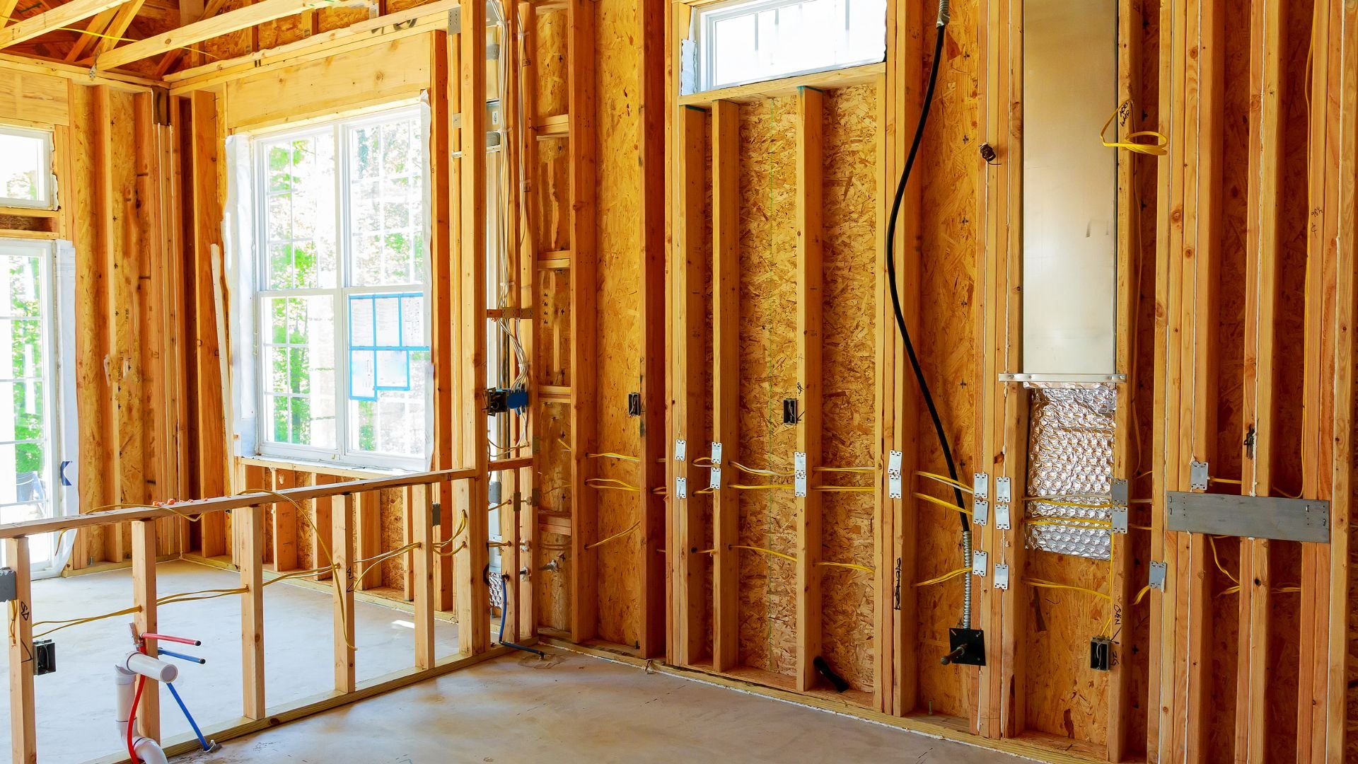 Interior of house under construction with wooden framing and electrical wiring
