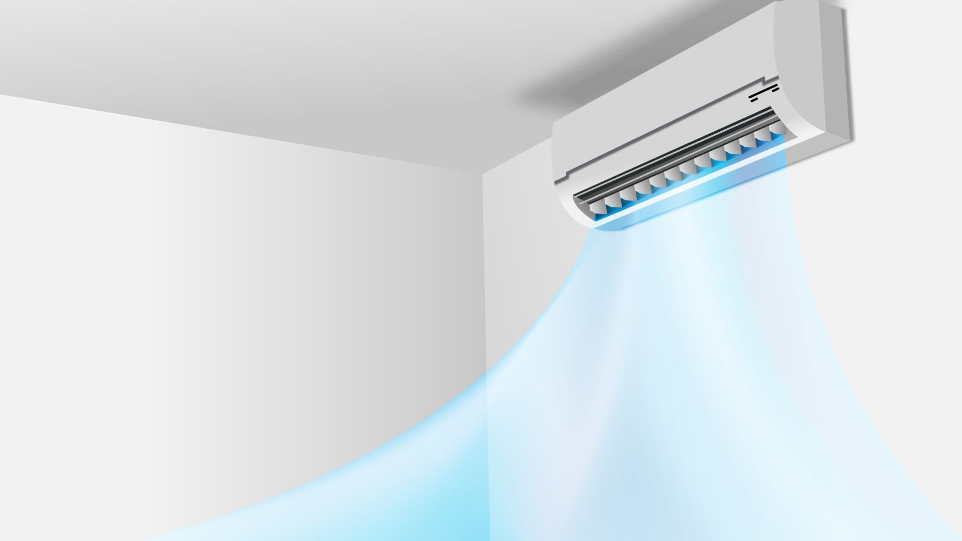 Wall-mounted air conditioner blowing cool blue air in a white room